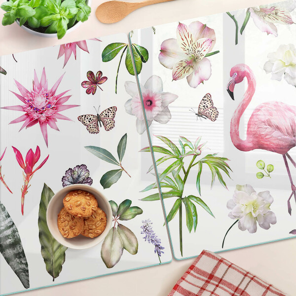 Glas-Schneidebrett mit tropischen Blumen- und Vogelmotiven