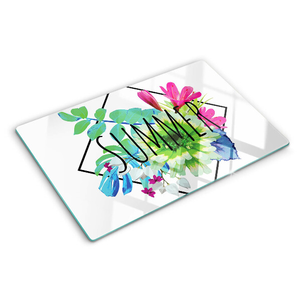Schneidebrett Glas mit Motiv Sommerblumen und dem Schriftzug „SOMMER“