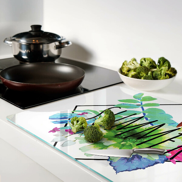 Schneidebrett Glas mit Motiv Sommerblumen und dem Schriftzug „SOMMER“