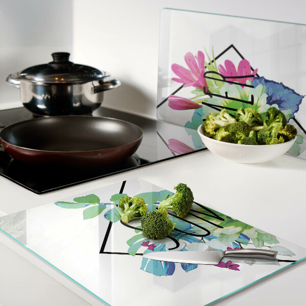 Schneidebrett Glas mit Motiv Sommerblumen und dem Schriftzug „SOMMER“