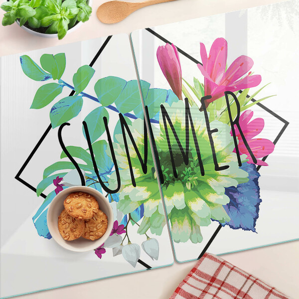 Schneidebrett glas Sommerblumen mit dem Wort 