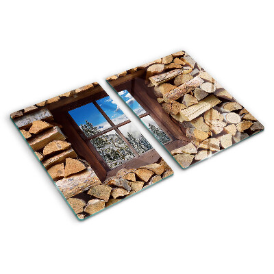 Glas schneidebrett Blick durch das Fenster auf eine Winterlandschaft