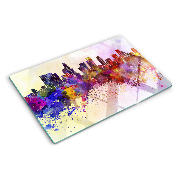 Schneidebrett Glas mit Aquarell-Stadtsilhouette als Landschaftsmotiv