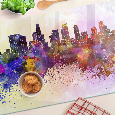 Schneidebrett Glas mit Aquarell-Stadtsilhouette als Landschaftsmotiv