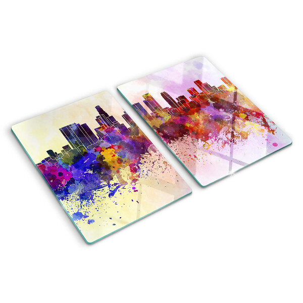 Schneidebrett Glas mit Aquarell-Stadtsilhouette als Landschaftsmotiv
