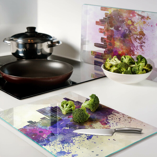 Schneidebrett Glas mit Aquarell-Stadtsilhouette als Landschaftsmotiv