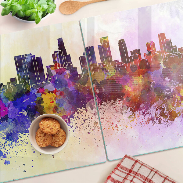 Schneidebrett Glas mit Aquarell-Stadtsilhouette als Landschaftsmotiv