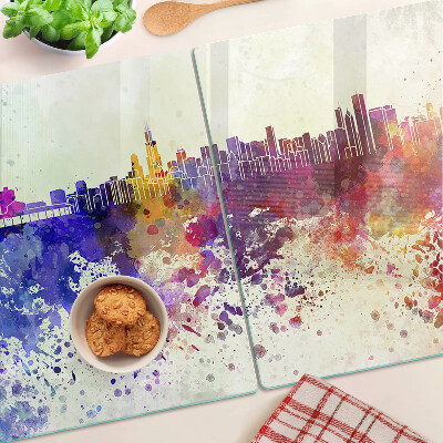Glas Schneidebrett mit einem Panorama der Stadt in farbenfrohen Flecken