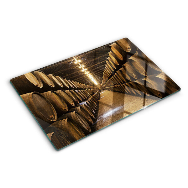 Glas Schneidebrett mit Motiv einer Innenansicht eines Weinguts mit Fässern