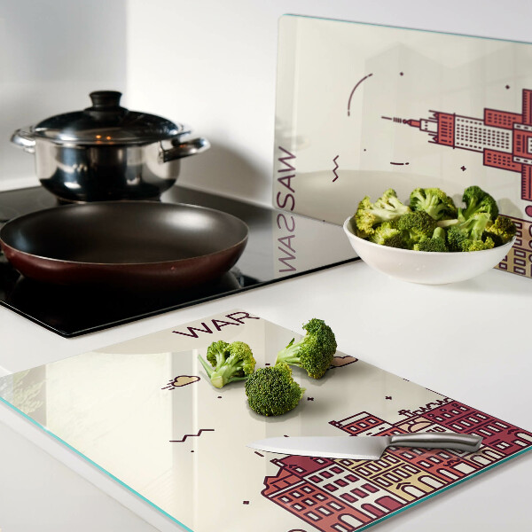 Schneidebrett Glas mit Motiv der Warschauer Mietshäuser und des Kulturpalastes