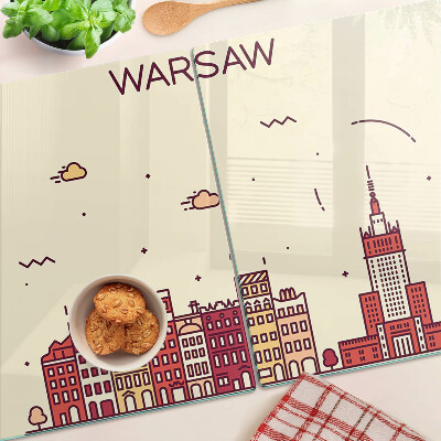 Schneidebrett Glas mit Motiv der Warschauer Mietshäuser und des Kulturpalastes