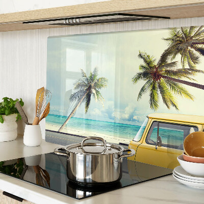 Glas-Schneidebrett mit Motiv Strand, Palmen und Auto