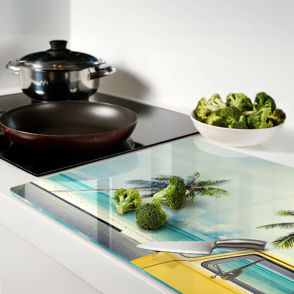 Glas-Schneidebrett mit Motiv Strand, Palmen und Auto