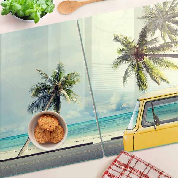 Glas-Schneidebrett mit Motiv Strand, Palmen und Auto