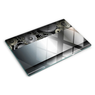 Schneidebrett mit Motiv aus mechanischen Zahnrädern und metallischer Oberfläche