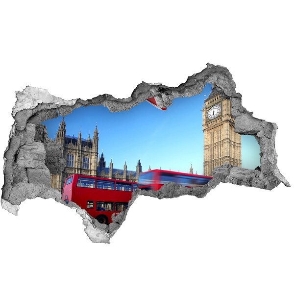 Wandbilder 3D Mauerdurchbruch Londoner Skyline mit einem roten Bus