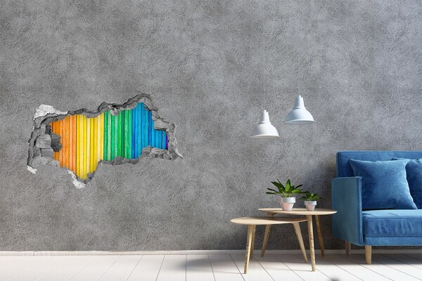 Wandbilder 3D Mauerdurchbruch Bunte Bretter in einem Loch in der Wand