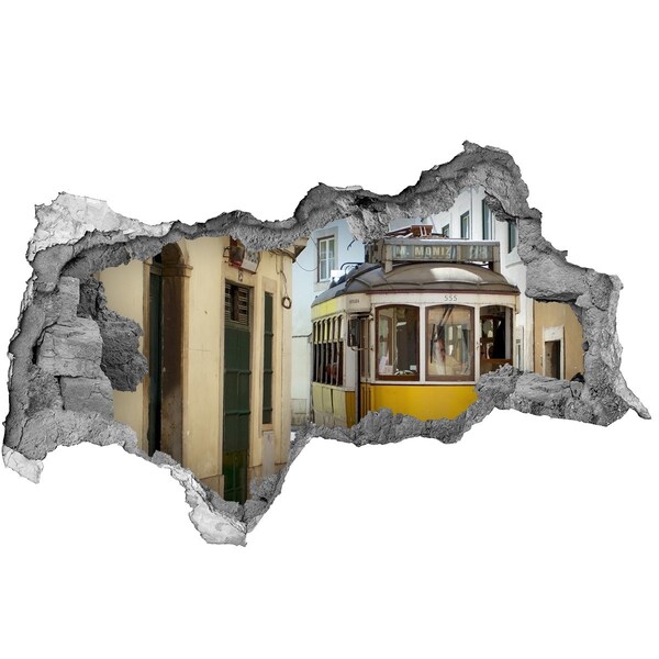 Mauerdurchbruch Aufkleber Eine gelbe Straßenbahn in einer engen Straße