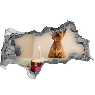 Wandbilder 3D Mauerdurchbruch Geburtstagshund mit Kuchen