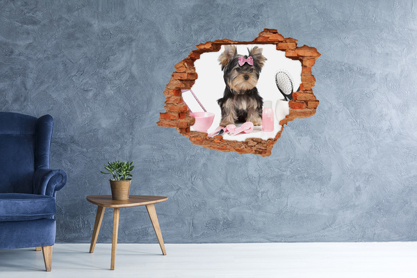 Wandtattoos Loch Ein süßer Yorkshire Terrier mit einer rosa Schleife