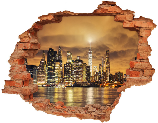 Wandbilder 3D Mauerdurchbruch New Yorker Skyline bei Nacht