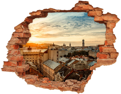 Wandbilder 3D Mauerdurchbruch Sonnenuntergang über der Stadt