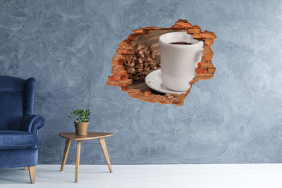 3D Loch Aufkleber Kaffee und Bohnen an der Wand im Hintergrund