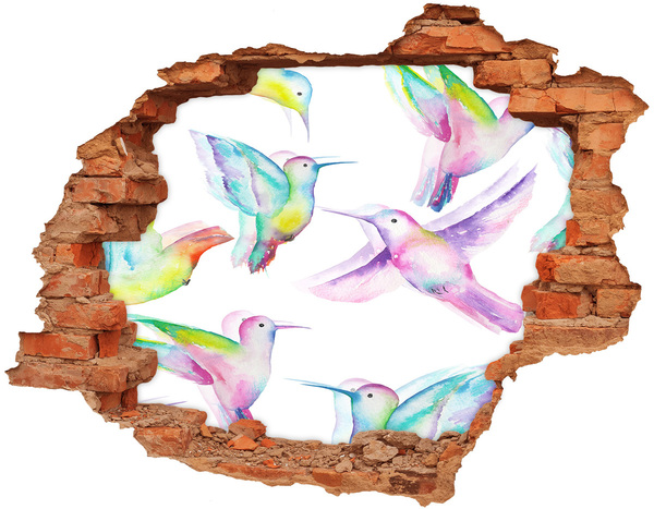 Wandbilder 3D Mauerdurchbruch Bunte Kolibris in einem Loch in der Wand
