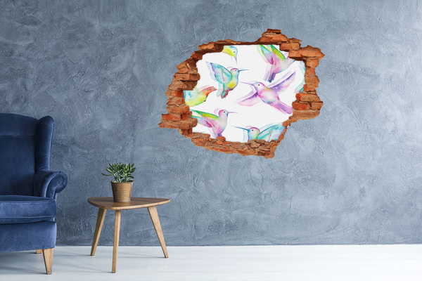 Wandbilder 3D Mauerdurchbruch Bunte Kolibris in einem Loch in der Wand