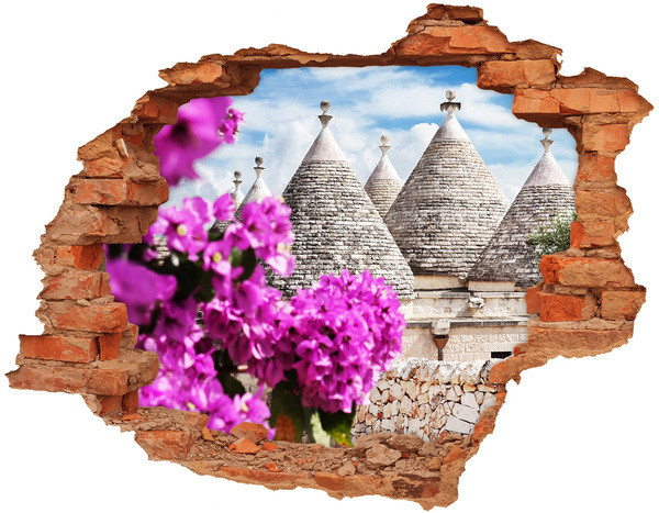 3D Loch Aufkleber Trulli in Apulien mit Blumen