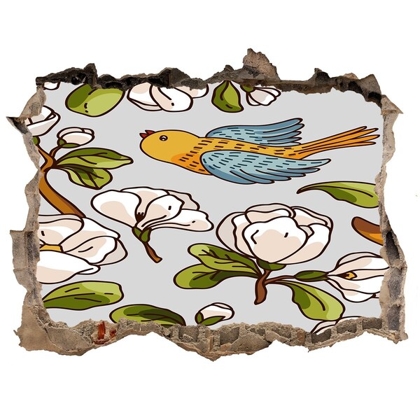 Wandfolien Loch in der Wand Blumenparadies mit einem Vogel