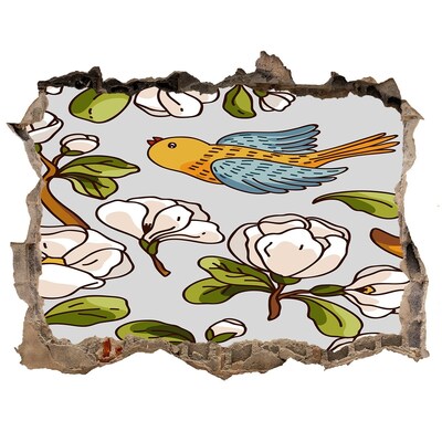 Wandfolien Loch in der Wand Blumenparadies mit einem Vogel