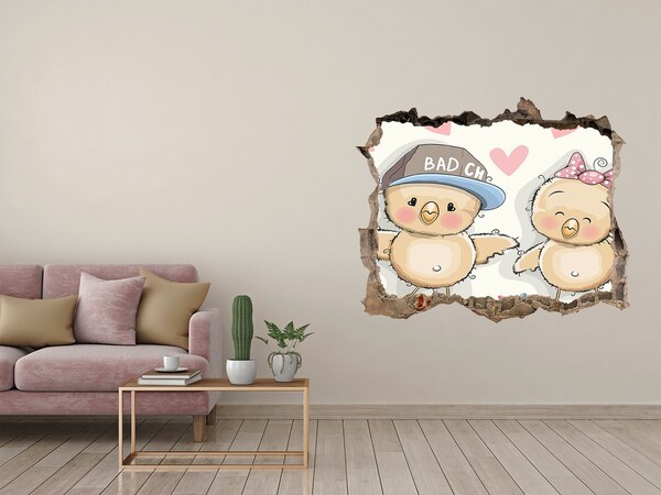 Wandfolien Loch in der Wand Niedliche Vögel auf einem Skateboard