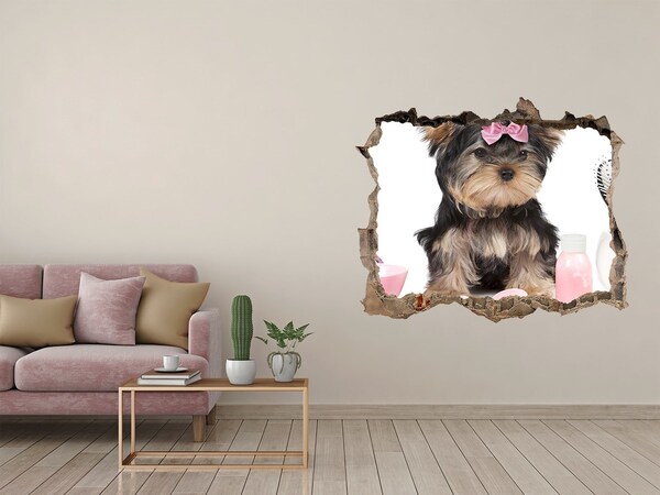 Wandtattoos Loch Ein süßer Yorkshire Terrier mit einer rosa Schleife