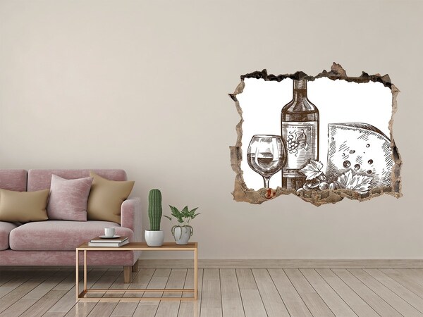 3D Wandtattoos Loch in der Wand Wein und Käse vor dem Hintergrund einer beschädigten Wand