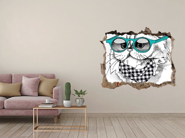 3D Wandsticker Loch Stilvolle Katze mit Brille