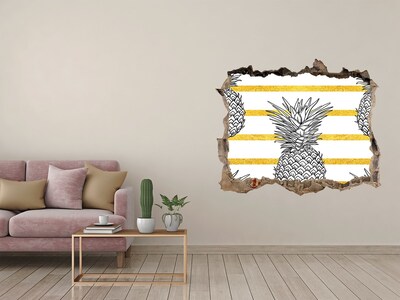 3D Wandtattoos Loch in der Wand Ananas auf goldenem Streifenhintergrund