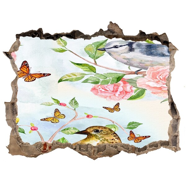Wandfolien Loch in der Wand Vögel im Rosengarten