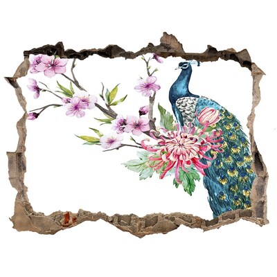 3D Wandtattoos Loch in der Wand Pfau zwischen Blumen
