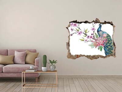 3D Wandtattoos Loch in der Wand Pfau zwischen Blumen