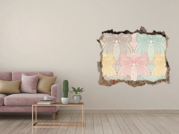 3D Wandsticker Loch Geflügelte Eulen vor steinernem Hintergrund