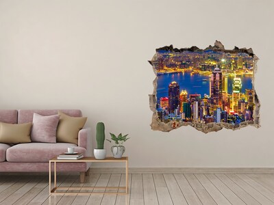 Wandfolien Loch in der Wand Blick auf Hongkong bei Nacht