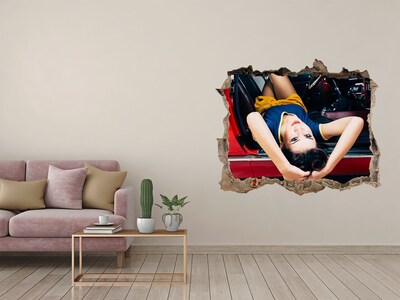 3D Wandtattoos Loch in der Wand Frau in einem Oldtimer