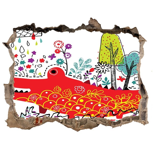 Wandfolien Loch in der Wand Krokodil in einer farbenfrohen Landschaft