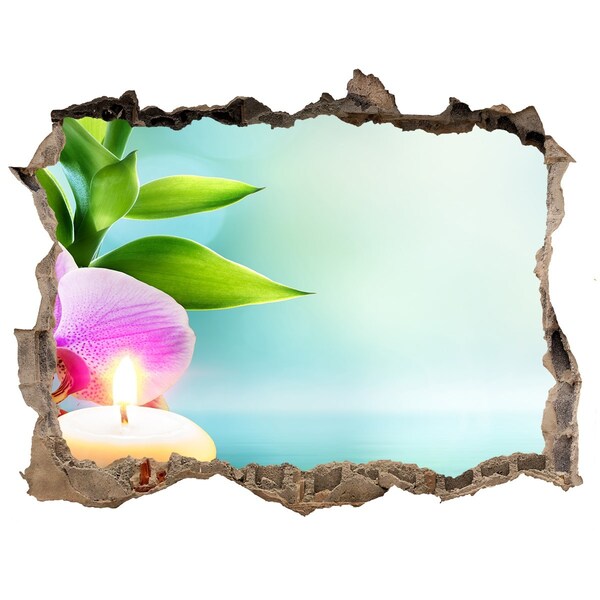 3D Wandsticker Loch Eine friedliche Oase mit einer Blume und einer Kerze.