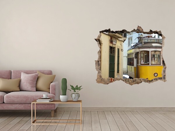 3D Wandsticker Loch Eine gelbe Straßenbahn in einer engen Straße