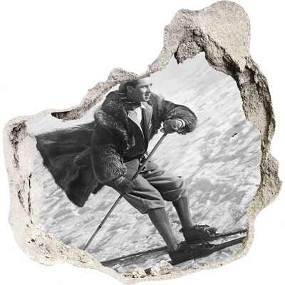 3D Wanddurchbruch Aufkleber Winterskifahrer im Retro-Stil