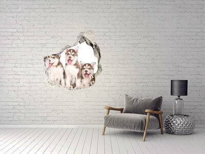 Wandaufkleber Loch 3D Huskywelpen hinter einem Loch in der Wand
