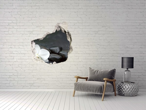 Wandfolien Loch in der Wand Blumen und Steine ​​vor dem Hintergrund von Wasser