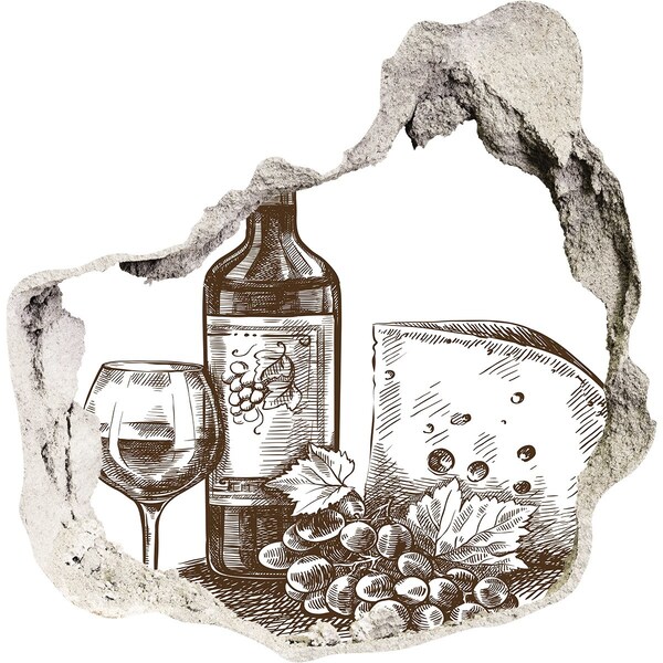 Wandfolien Loch in der Wand Wein und Käse vor dem Hintergrund einer beschädigten Wand